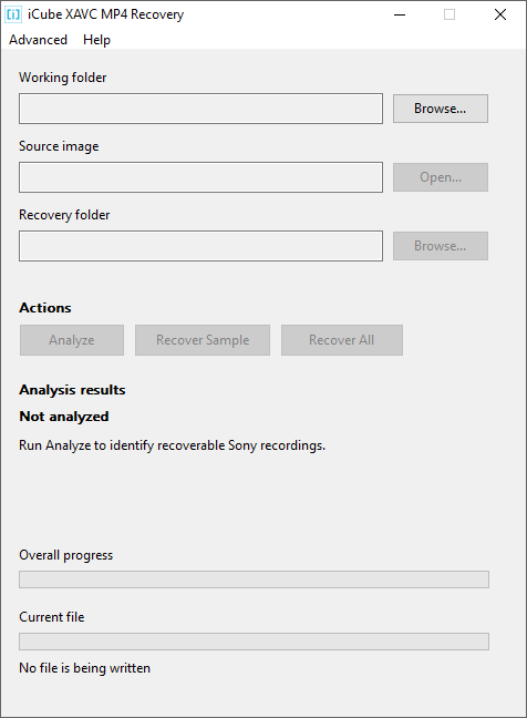 iCube XAVC MP4 Recovery on first launch. Working folder, Source image and Recovery folder are empty and the Analyze, Recover Sample and Recover All buttons are greyed out.