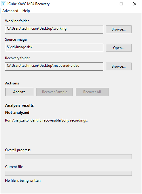 The same window with Working folder, Source image and Recovery folder filled in. The Analyze button is now enabled.