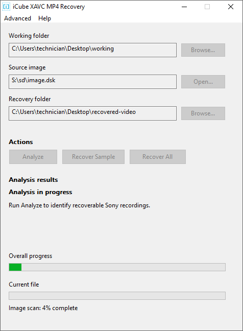 The window during analysis. The status reads Analysis in progress and the progress bar shows Image scan 4 percent complete.