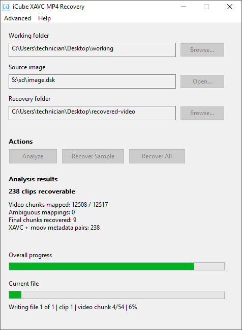 Recovery of a single sample clip in progress. The status line reads Writing file 1 of 1, clip 1, video chunk 4 of 54, 6 percent.
