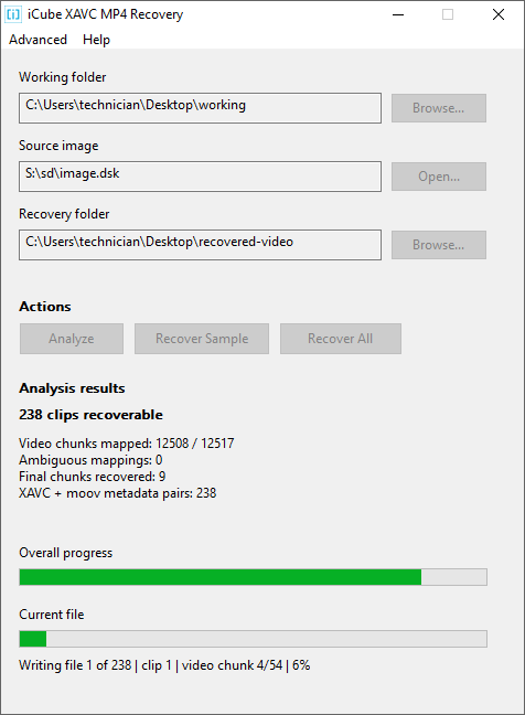 Full recovery running. The status line reads Writing file 1 of 238, clip 1, video chunk 4 of 54, 6 percent.